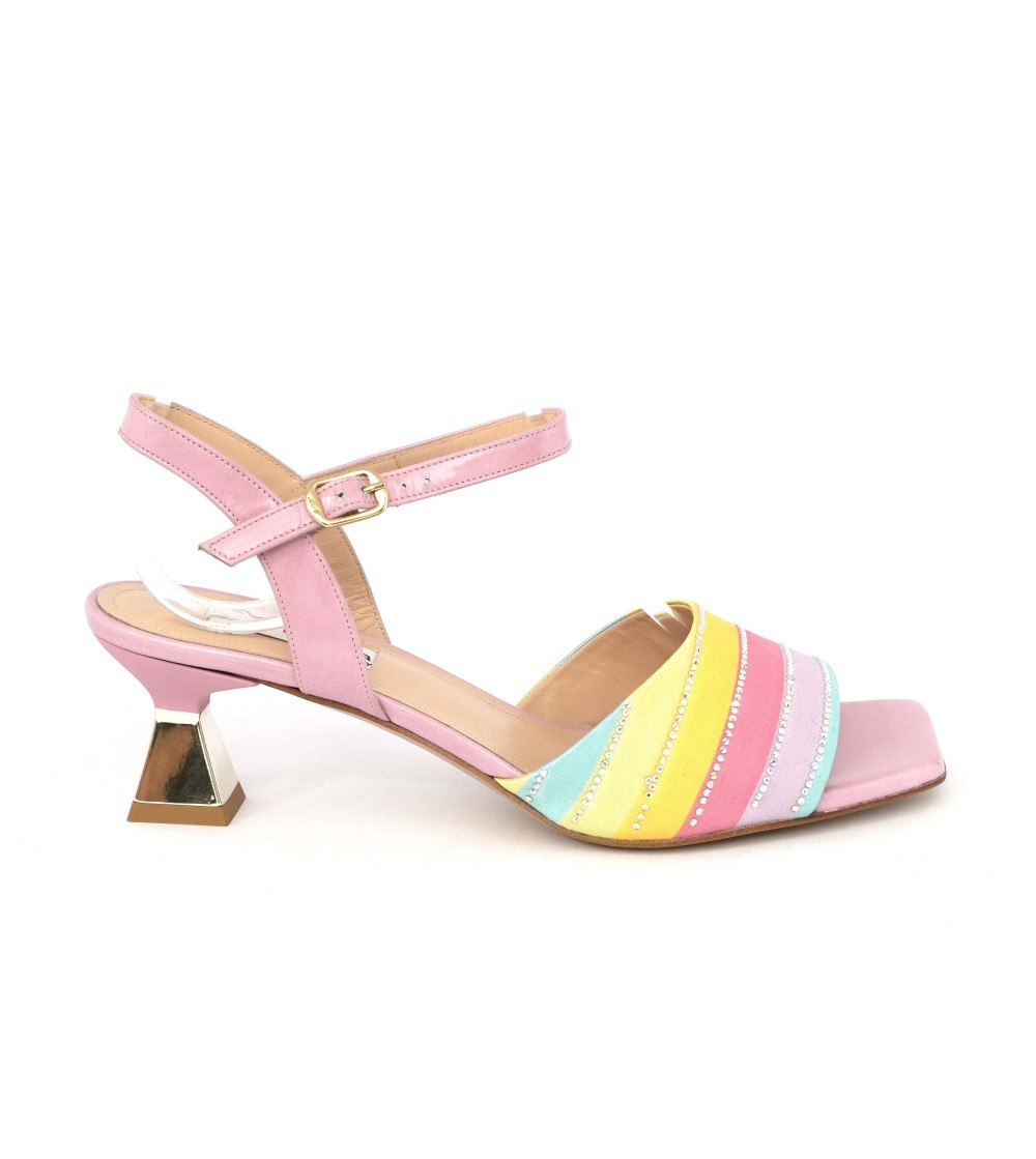 Musella Sandalo Tacco Medio Clessidra Rainbow Strass Multi Rosa