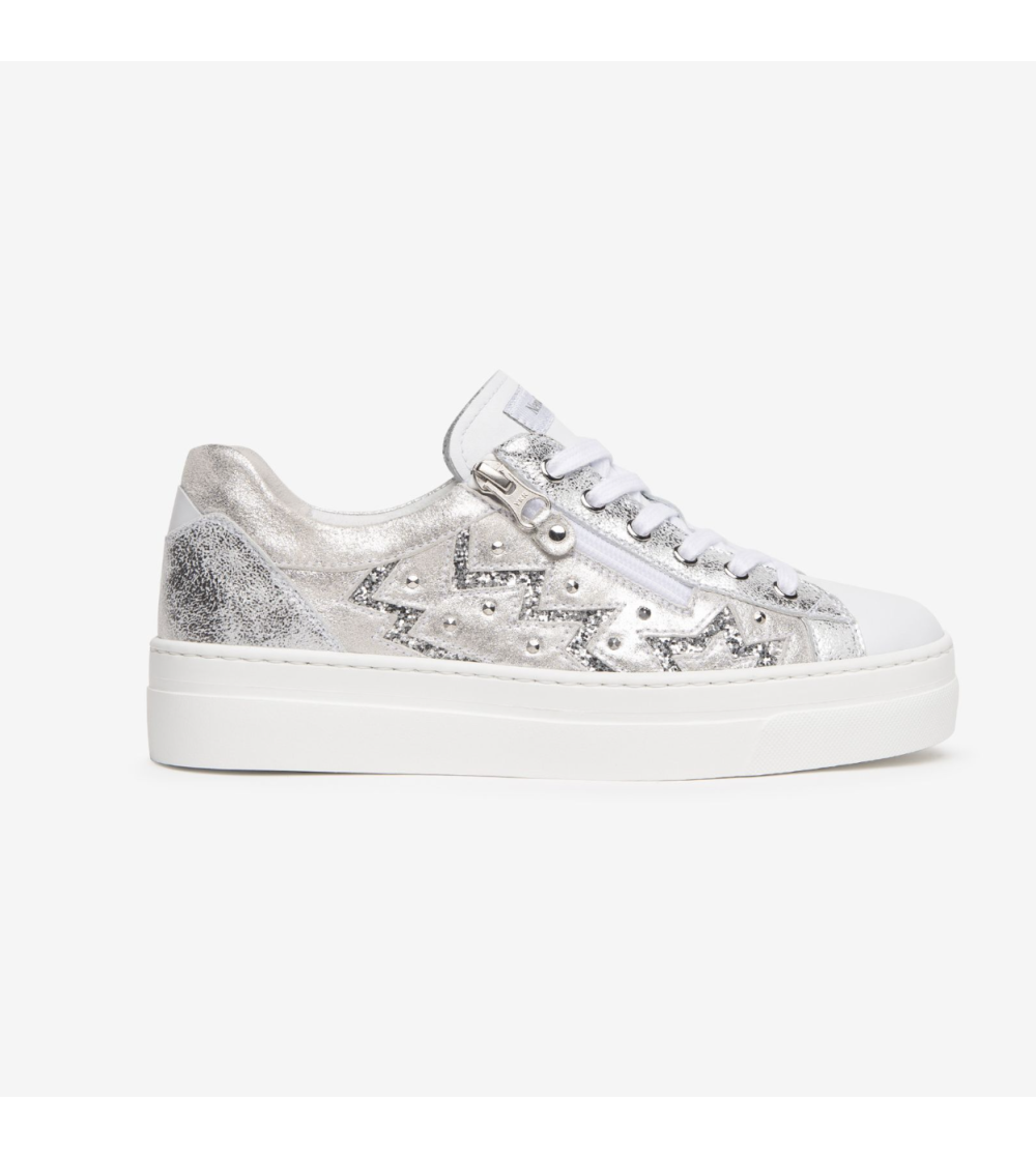Nero Giardini Sneakers Cassetta Glitter Zip Bianco Argento