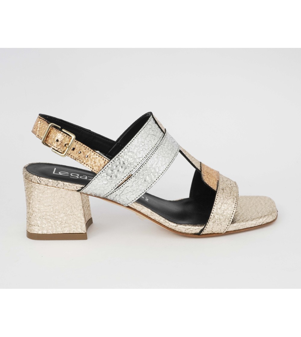 Le Gazzelle Sandalo Tacco Medio Doppia T Platino Argento