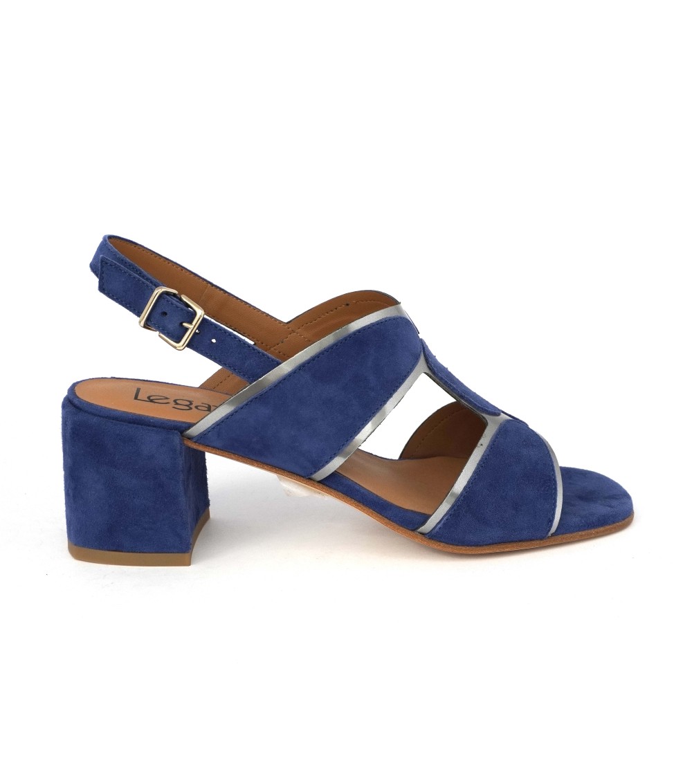 Le Gazzelle Sandalo Tacco Medio Doppia T Camoscio Blu Argento
