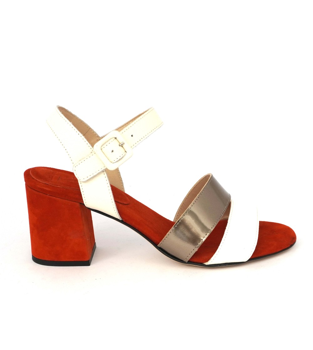 Luca Grossi Sandalo Tacco Medio 2 Fasce Panna Bronzo Rosso