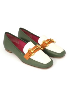 Le Babe Mocassino College Tacco Basso Morsetto Bianco Salvia