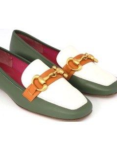 Le Babe Mocassino College Tacco Basso Morsetto Bianco Salvia