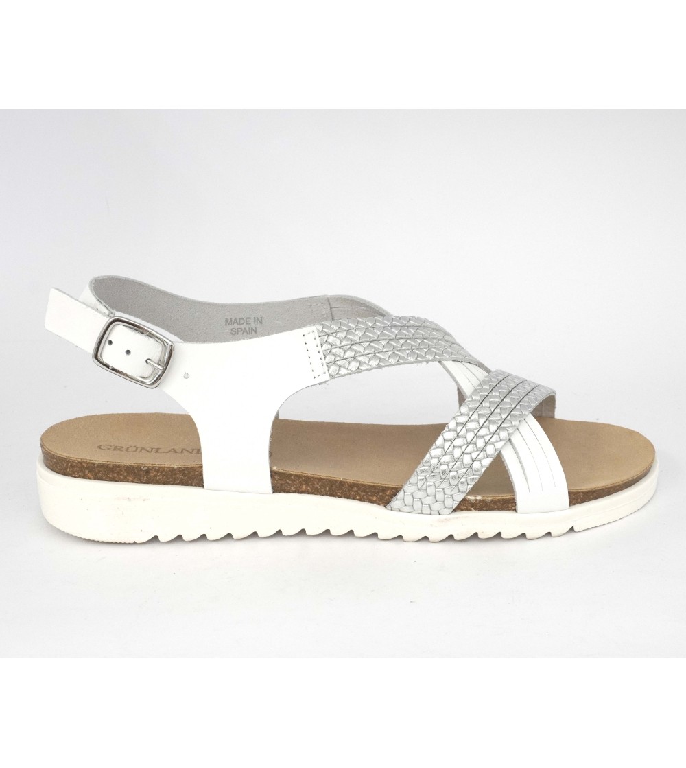 Grunland Sandalo Bio Fasce Incrociate Pelle Bianco Argento
