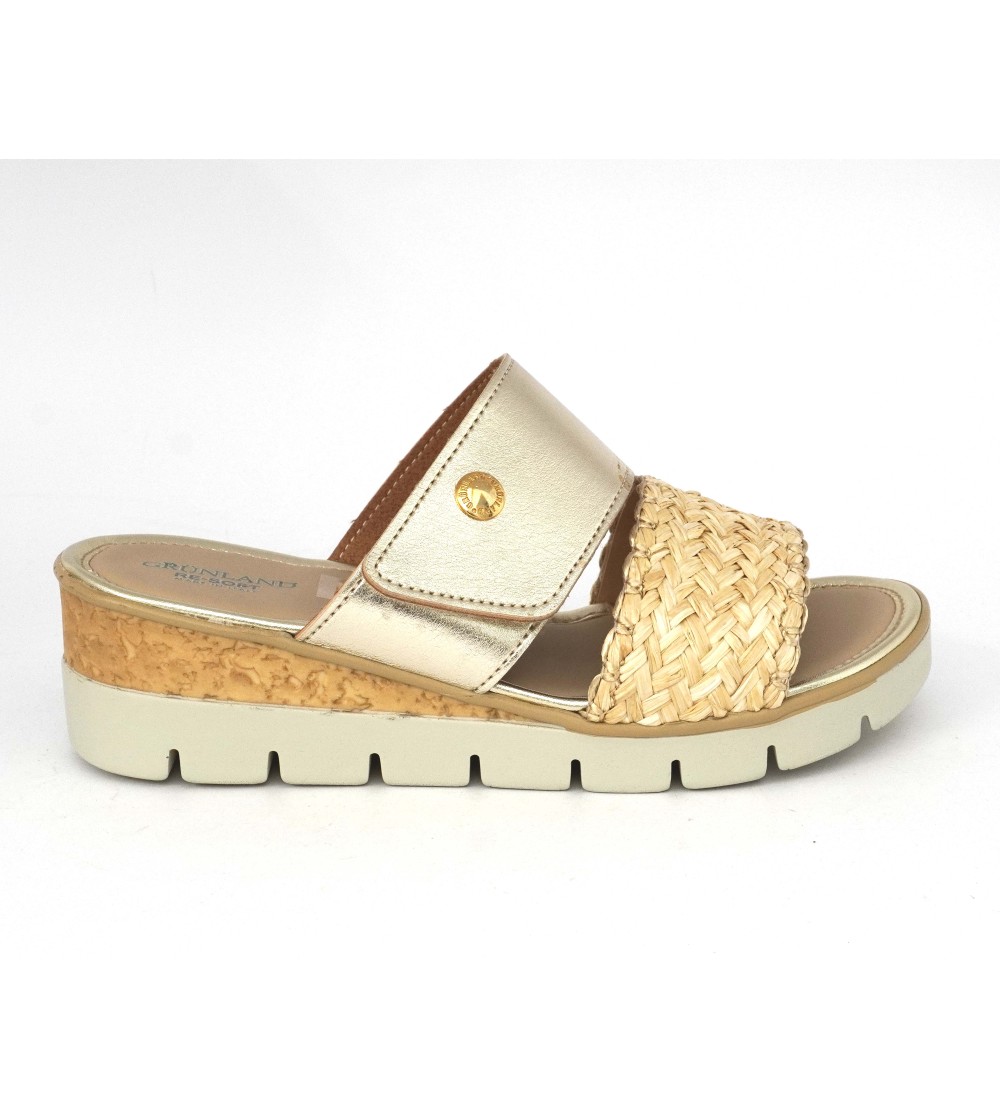 Grunland Ciabatta Comfort 1 Velcro Laminato Rafia Platino