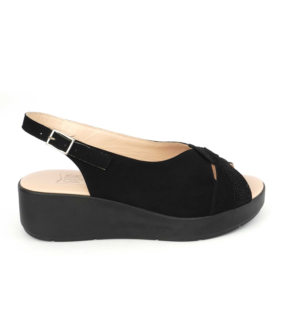 Confort Sandalo Classico Zeppa Camoscio Brill Nero
