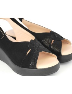 Confort Sandalo Classico Zeppa Camoscio Brill Nero