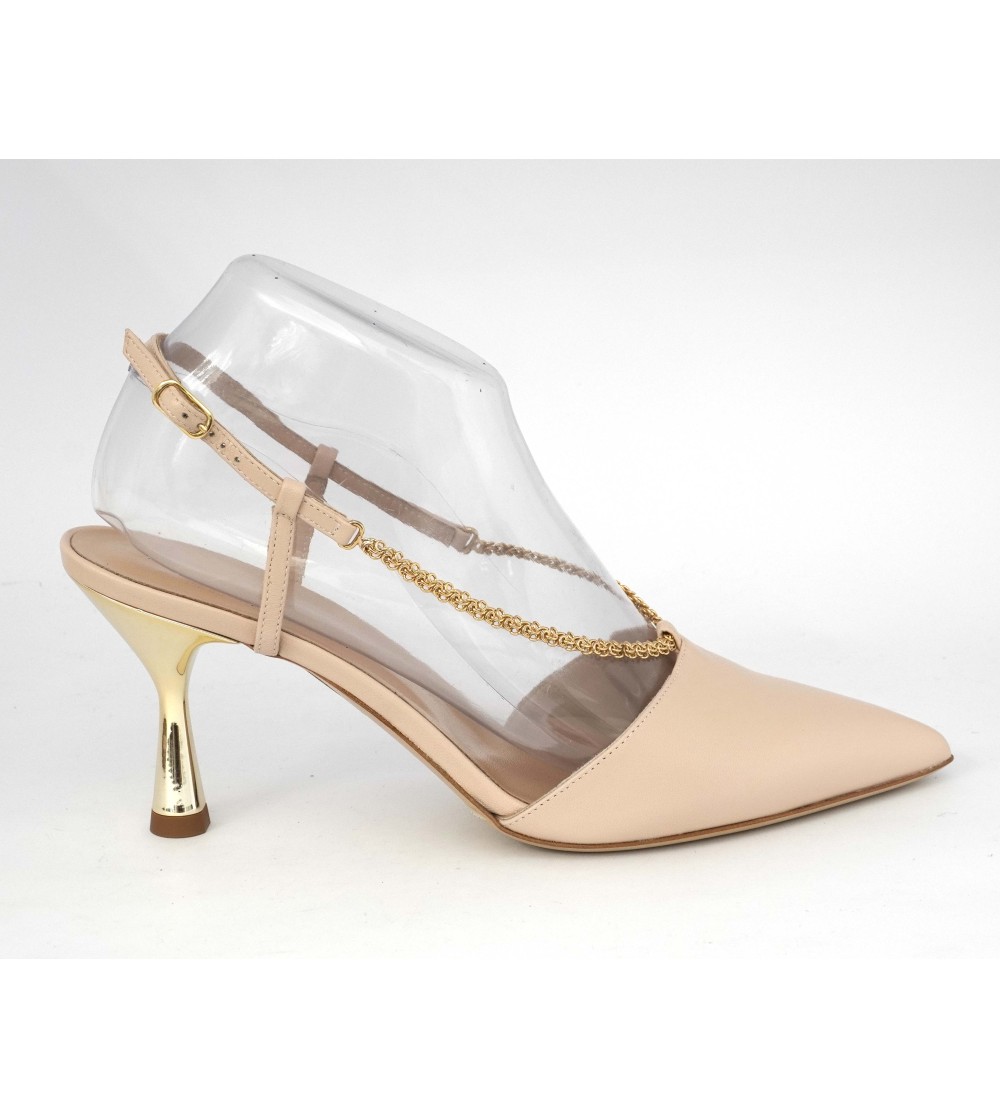 Elata Slingback Tacco e Braccialetto Metal Oro Nappa Nude