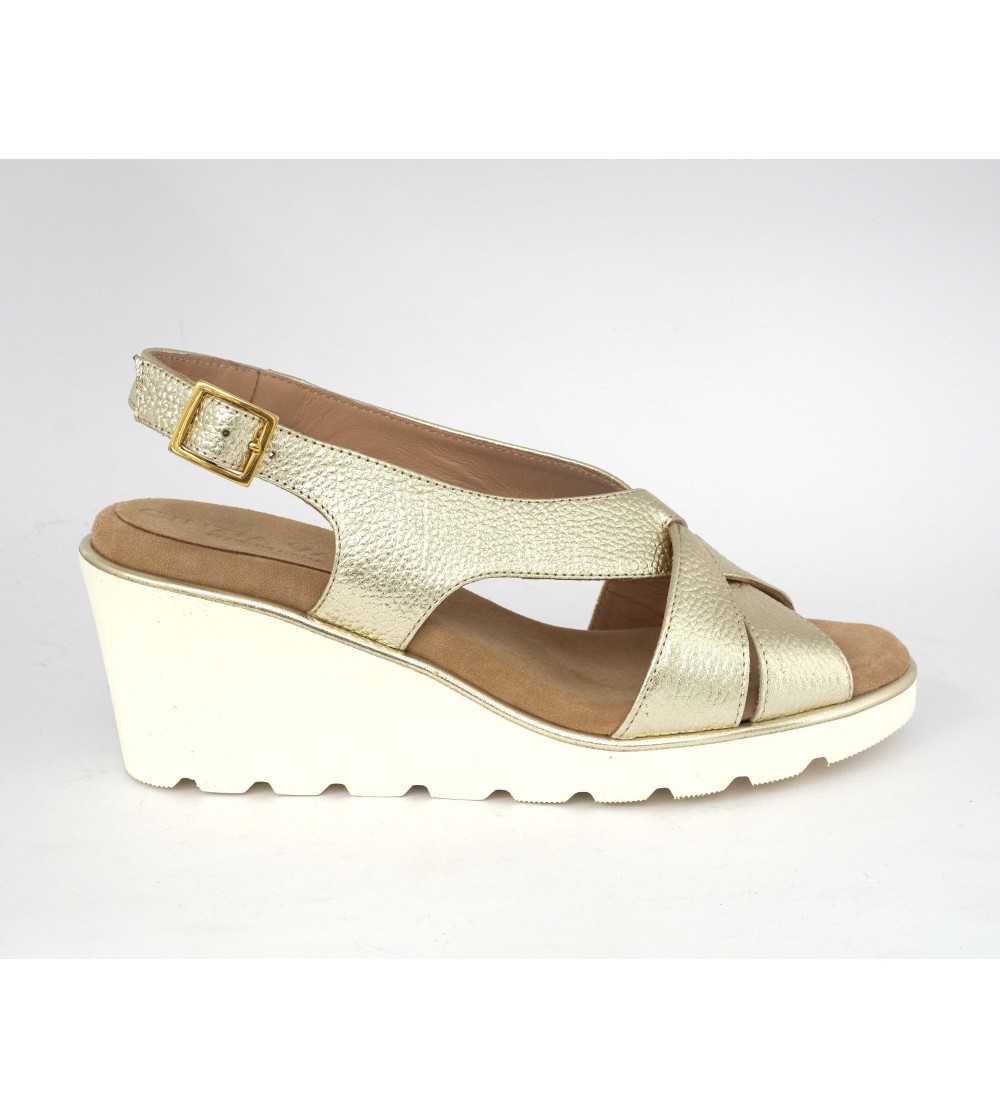 CINZIA Valle Sandalo Zeppa Alta Incrocio Pelle Platino