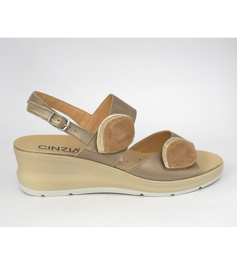Cinzia Soft Sandalo Zeppa Classic Plantare 2 Velcro Beige Platino