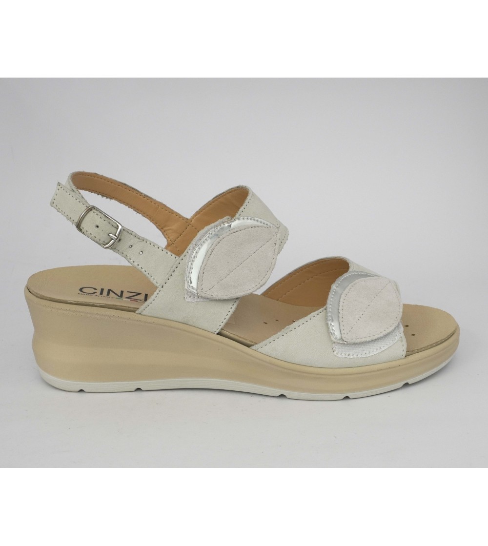Cinzia Soft Sandalo Zeppa Classic Plantare 2 Velcro Argento Bianco