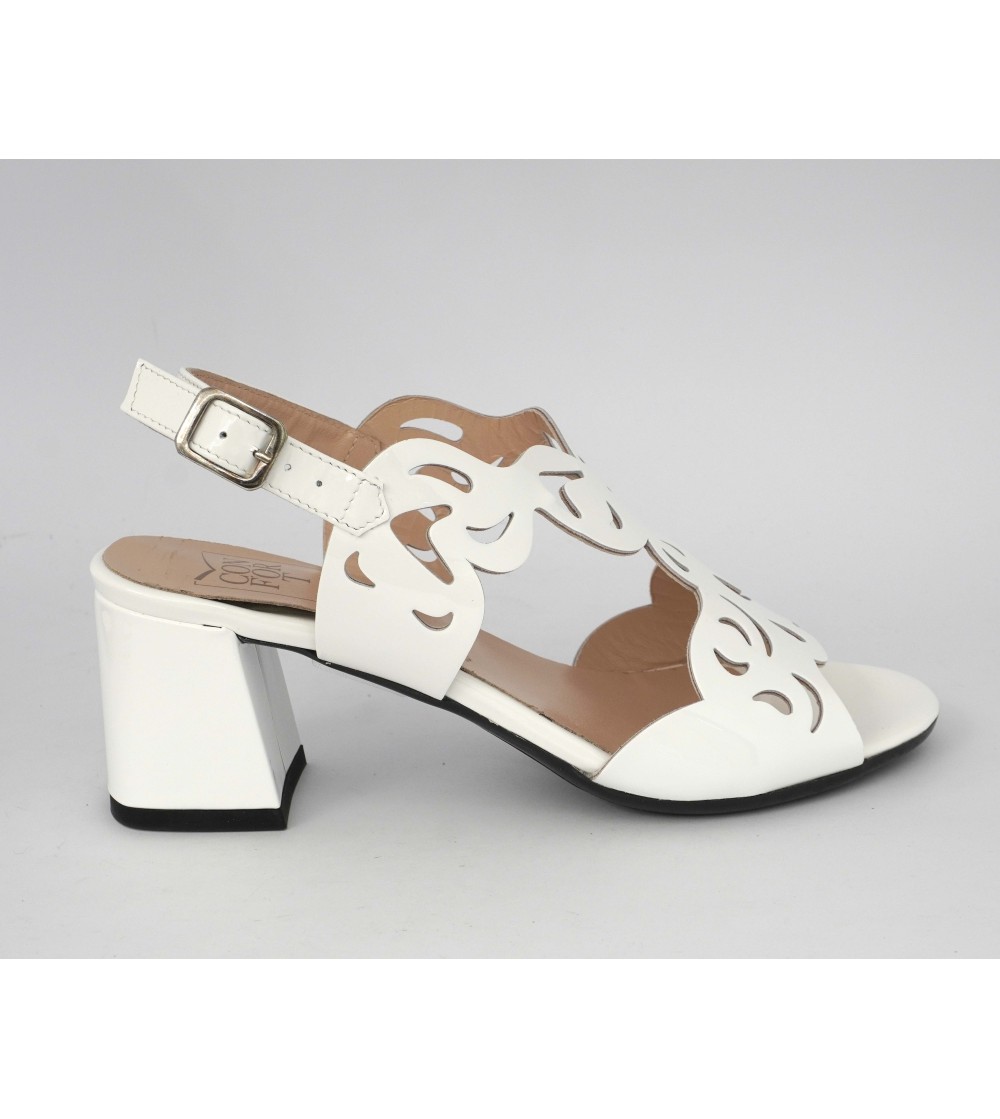 Confort Sandalo Tacco Medio Vernice Laserata Bianco