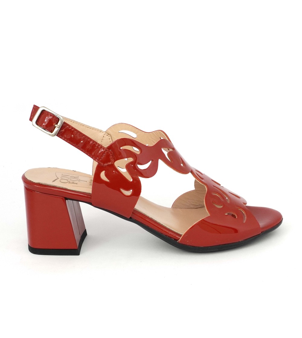 Confort Sandalo Tacco Medio Vernice Laserata Rosso
