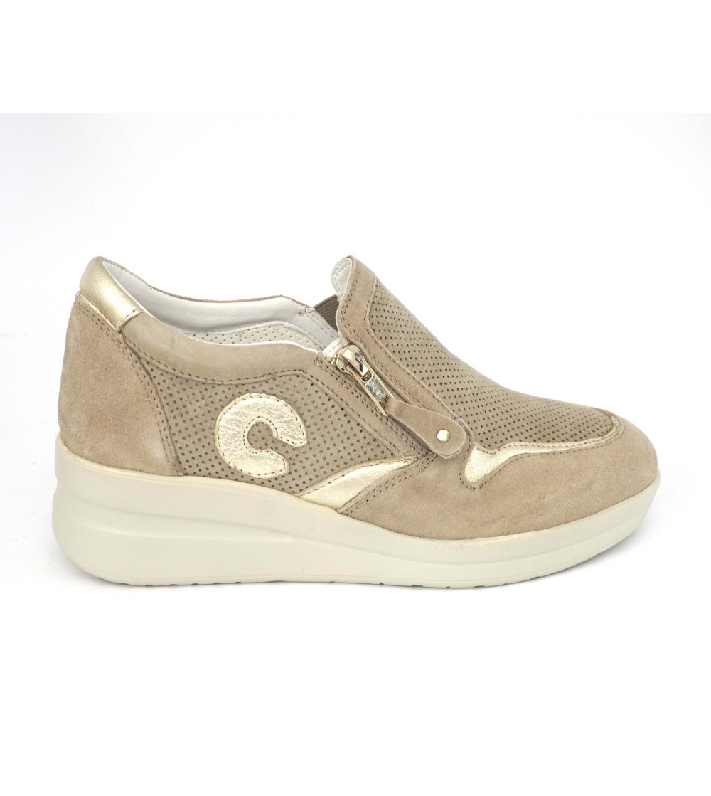 Cinzia Soft Sneakers Slipon Zip Laterale Camoscio Traforato Beige