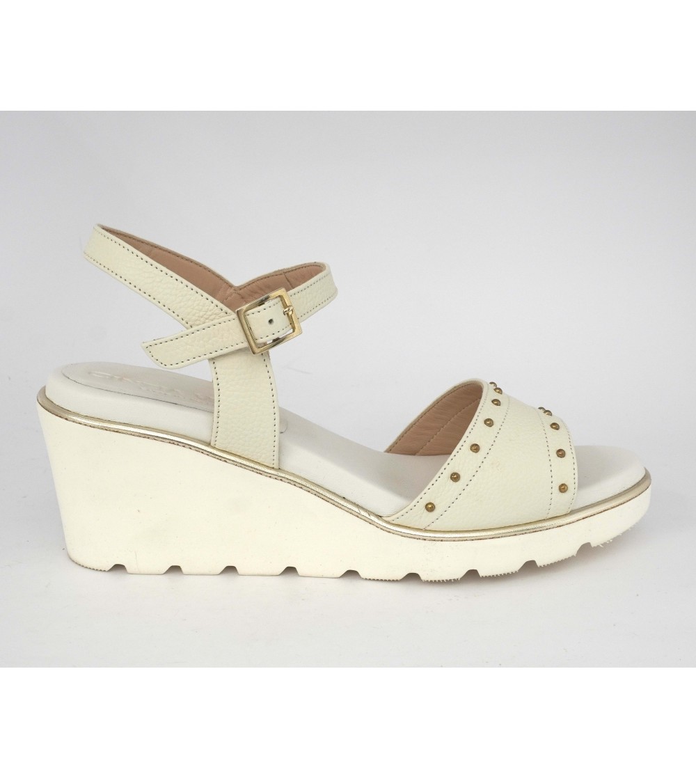 CINZIA Valle Sandalo Zeppa Alta Micro Borchiette Pelle Bianco