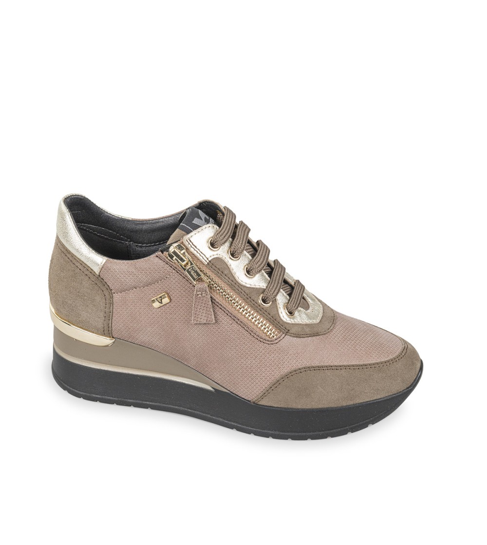 Valleverde Sneakers Zeppa Alta Zip Camoscio Metal Visone