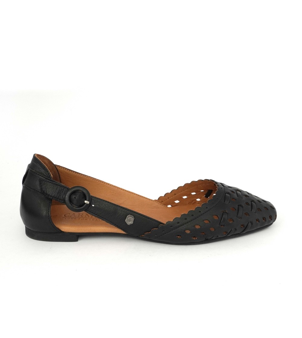 Carmela Ballerina Traforata Fascette Tacco Basso Pelle Nero