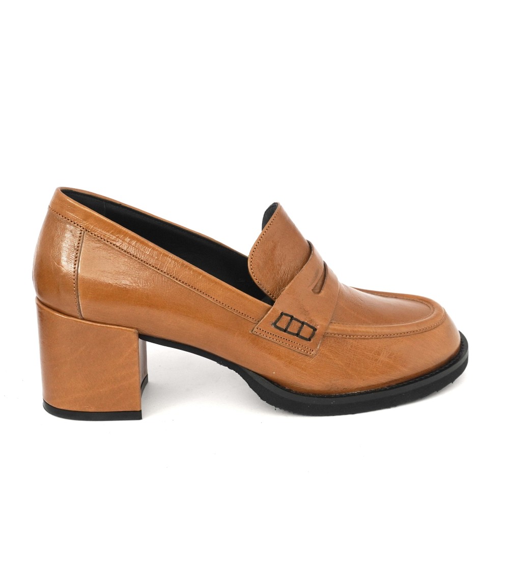 Le Gazzelle Mocassino Tacco Largo Naplak Morbido Brandy