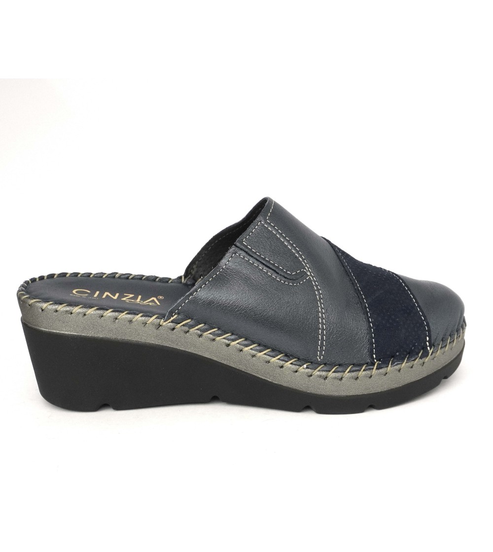 Cinzia Soft Ciabatta Zeppa Alta Tutto Pelle Cucita Blu