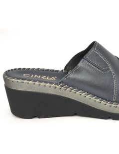 Cinzia Soft Ciabatta Zeppa Alta Tutto Pelle Cucita Blu