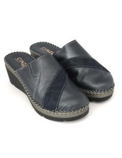 Cinzia Soft Ciabatta Zeppa Alta Tutto Pelle Cucita Blu