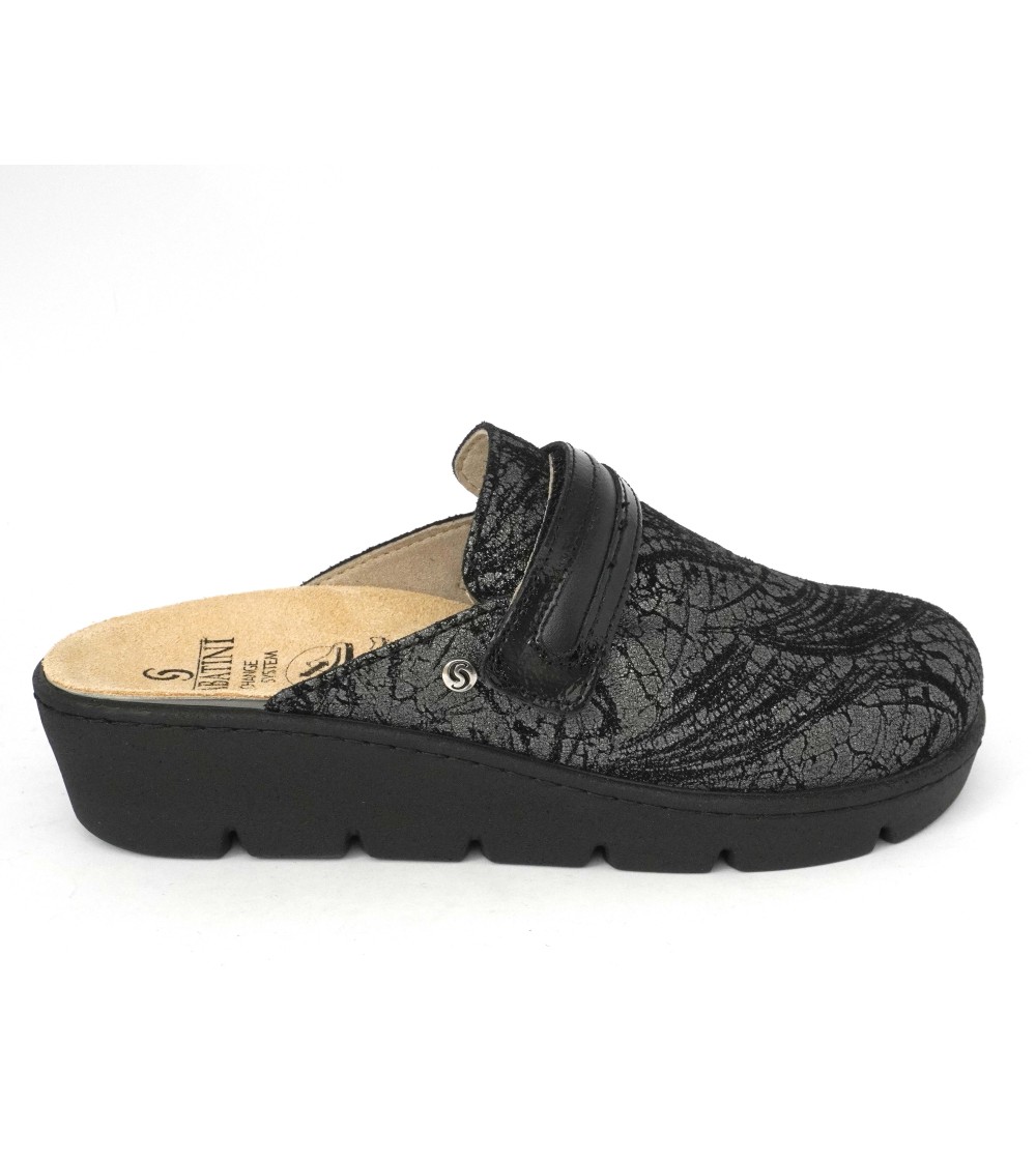 Sabatini Ciabatta Sabot Zeppa Media Velcro Laminato Nero