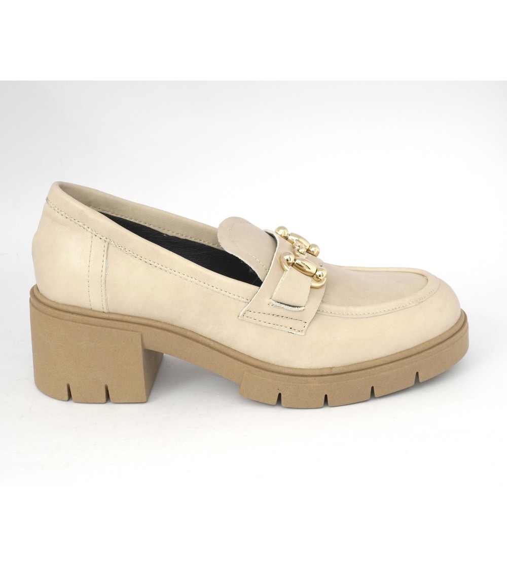 Grunland Mocassino Tacco Medio Morsetto Pelle Panna