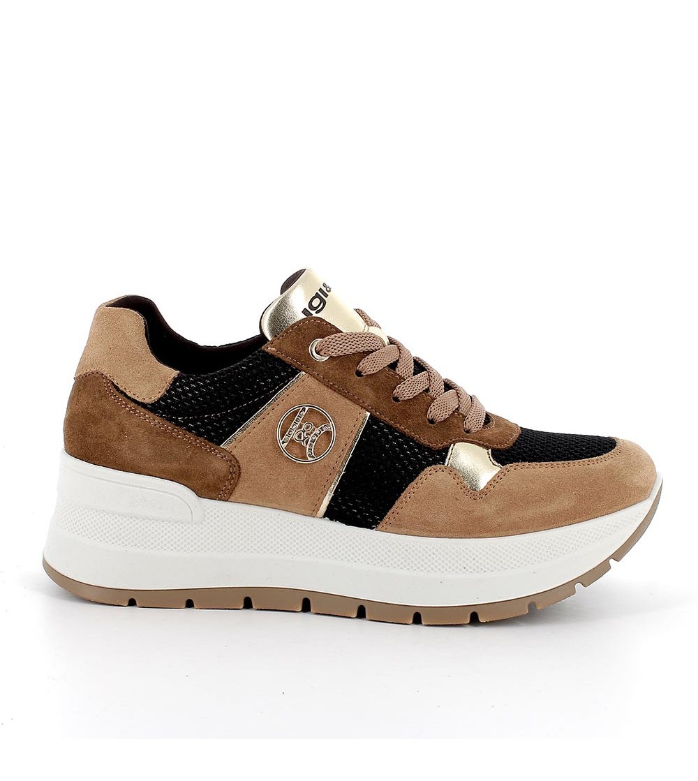 IGI &Co Sneakers Zeppa Alta Logo Inserti Camoscio Caramel Nero