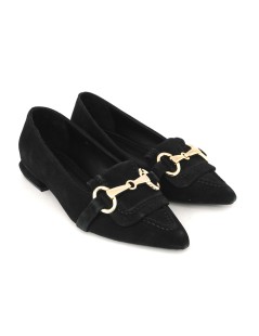 Holly Queen Mocassino Punta Basso Morsetto Metal Oro Camoscio Nero