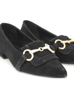 Holly Queen Mocassino Punta Basso Morsetto Metal Oro Camoscio Nero