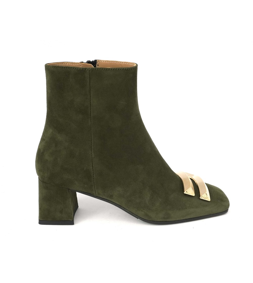 Noa Tronchetto Tacco Medio Logo Oro Camoscio Bosco