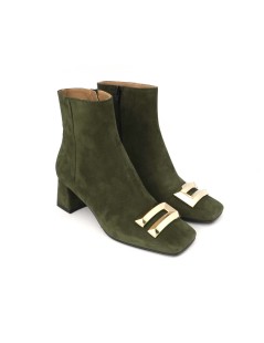 Noa Tronchetto Tacco Medio Logo Oro Camoscio Bosco