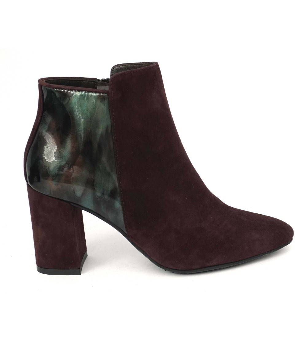 Brunate Tronchetto Punta Tacco Vernice Arcobaleno Camoscio Prugna