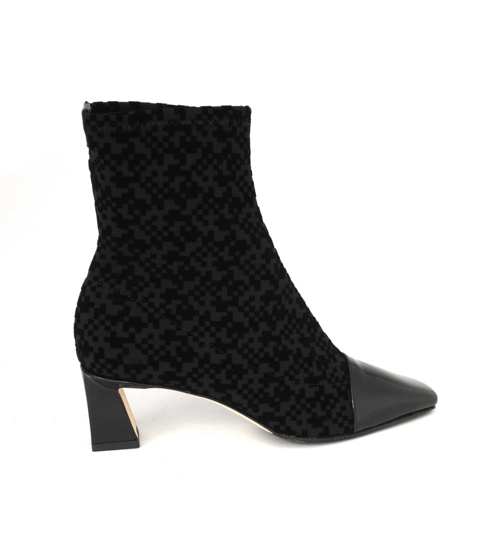 Brunate Tronchetto Tacco Medio Vernice Camoscio Optical Nero