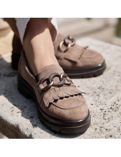 Enval Soft Mocassino Tacco Frangia Accessorio Camoscio Fango