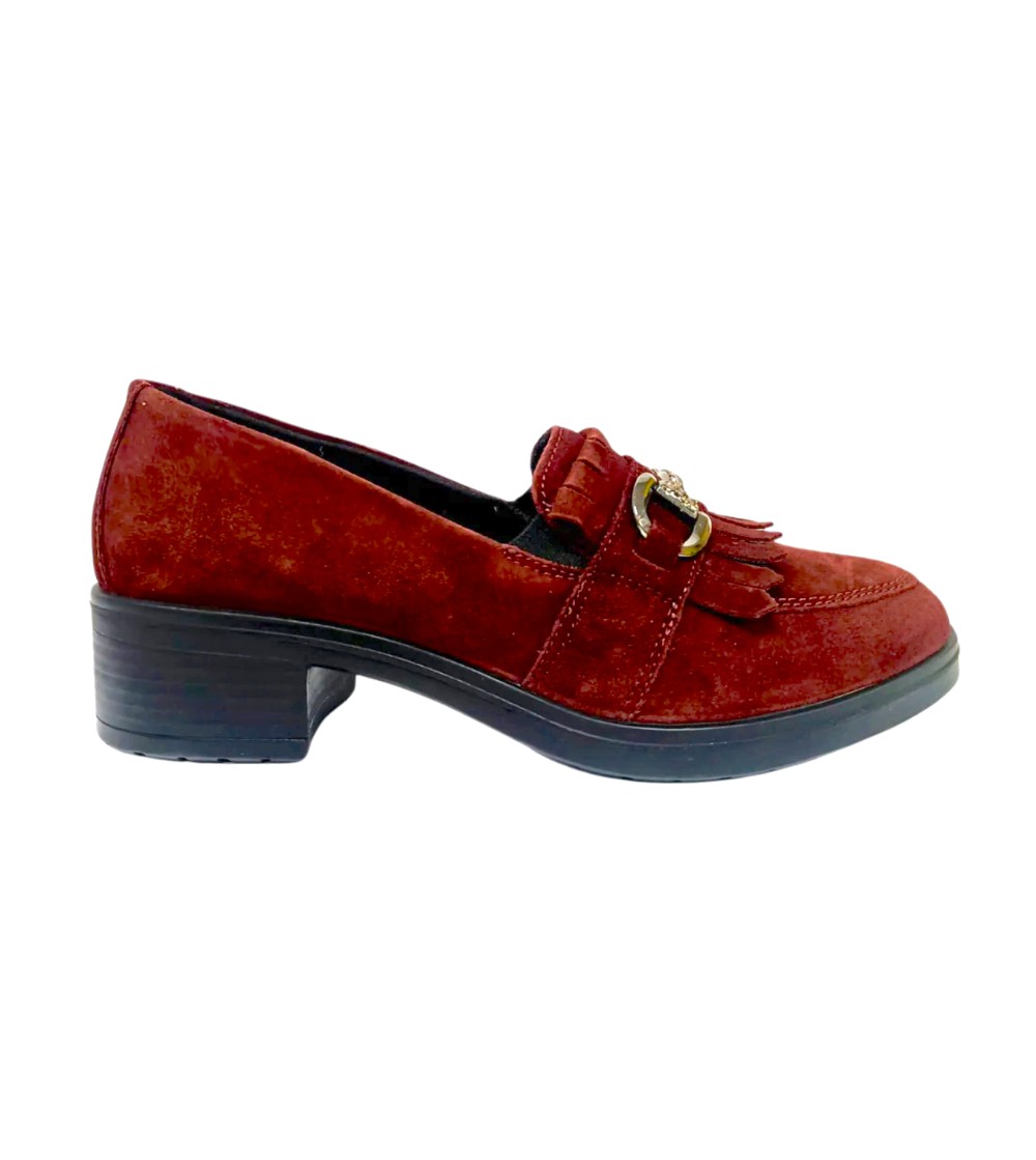 Enval Soft Mocassino Tacco Frangia Strass Camoscio Bordeaux