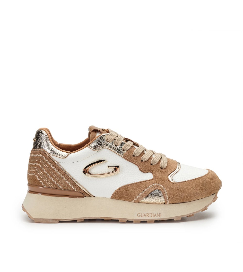Guardiani Sneakers Wen Dettagli Laminato Oro Camoscio Bianco Camel