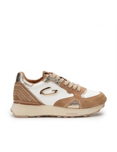 Guardiani Sneakers Wen Dettagli Laminato Oro Camoscio Bianco Camel