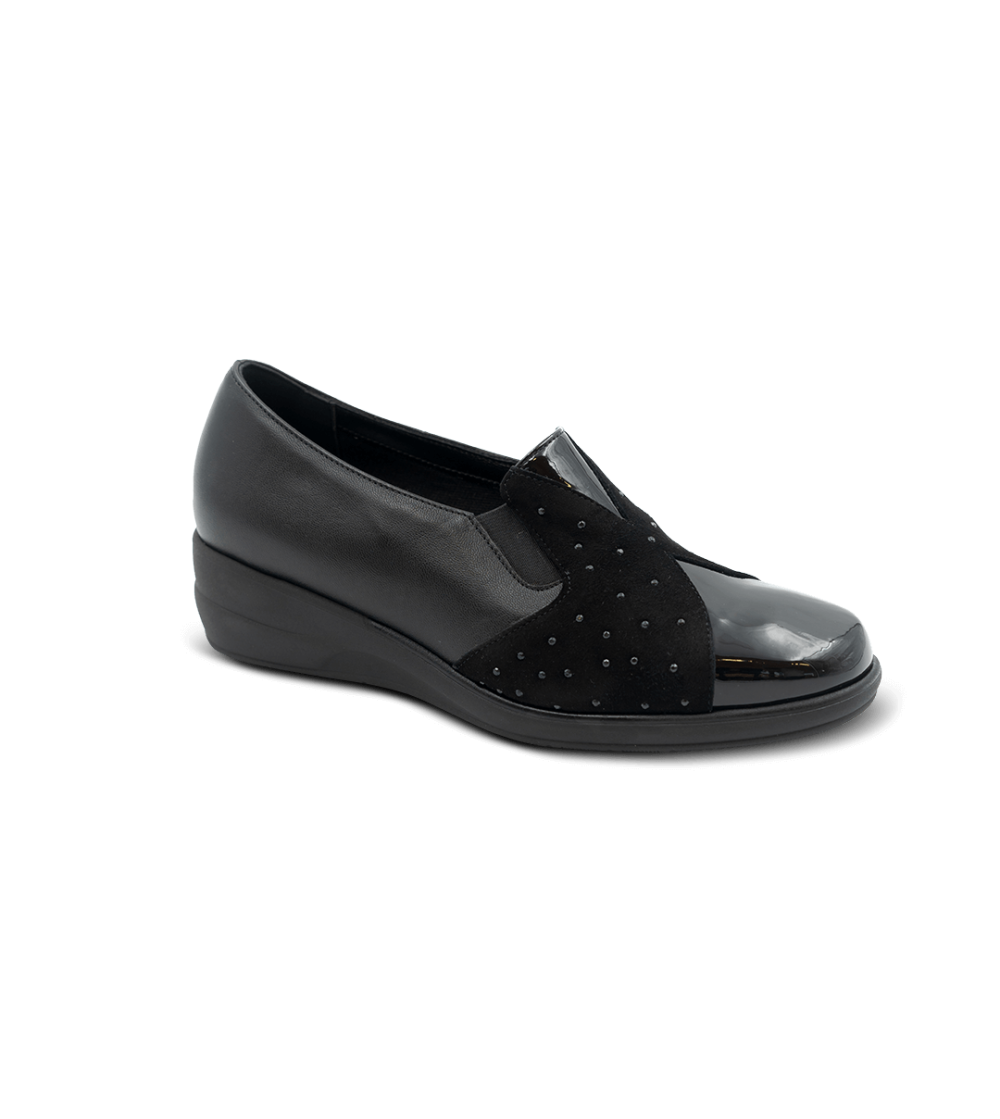 Confort Slipon Elastico Zeppa Dettagli Camoscio Strass Nero