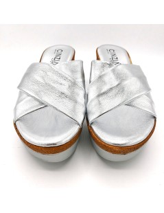 Cinzia Soft Ciabatta Laminata Zeppa alta Incrocio Argento