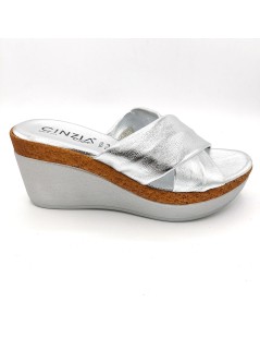 Cinzia Soft Ciabatta Laminata Zeppa alta Incrocio Argento