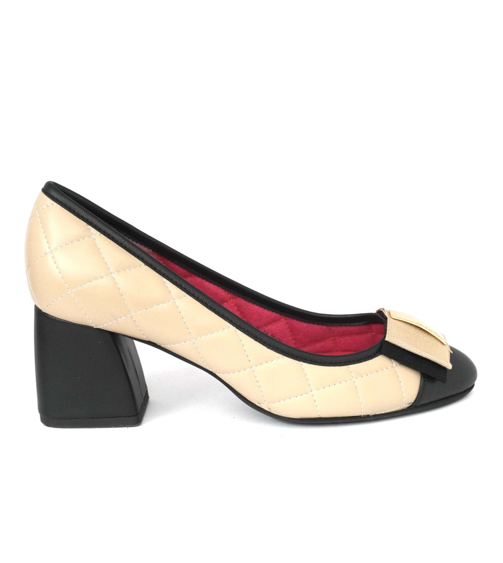 Le Babe Decollette Tacco Medio Bicolore Nappa Trapuntata Fiocco Sabbia Nero