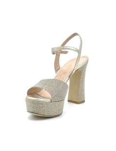 Elata Sandalo Elegante Tacco Plateau Alto Tessuto Glitter Pelle Platino