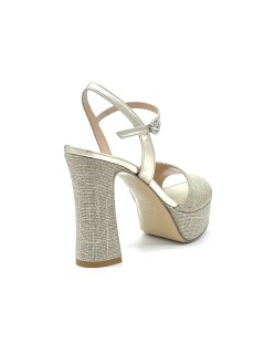 Elata Sandalo Elegante Tacco Plateau Alto Tessuto Glitter Pelle Platino