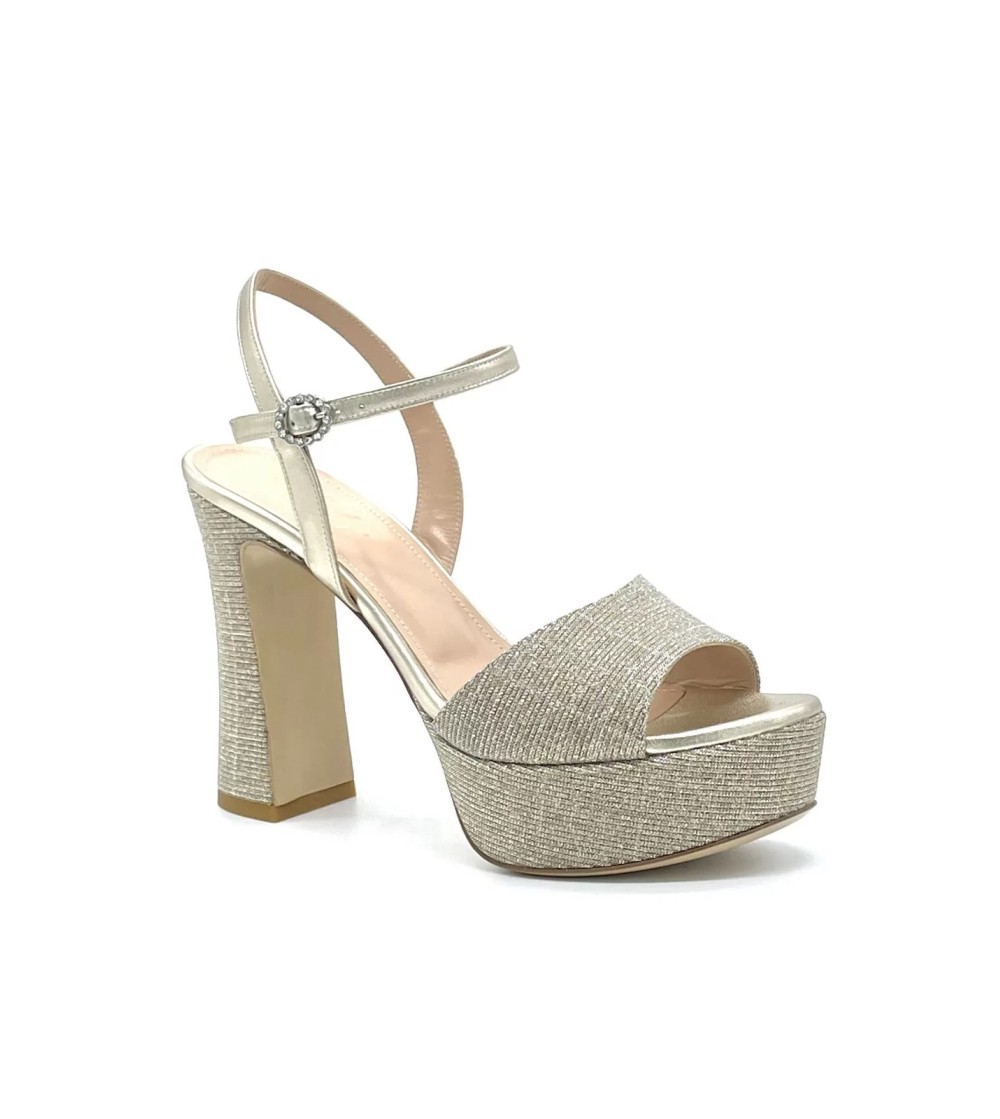 Elata Sandalo Elegante Tacco Plateau Alto Tessuto Glitter Pelle Platino