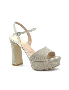 Elata Sandalo Elegante Tacco Plateau Alto Tessuto Glitter Pelle Platino