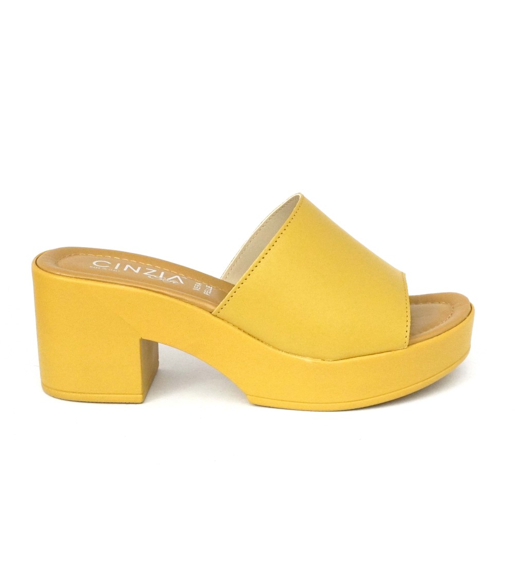Cinzia Soft Ciabatta Fascia Tacco Plateau Pelle Tuffato Giallo