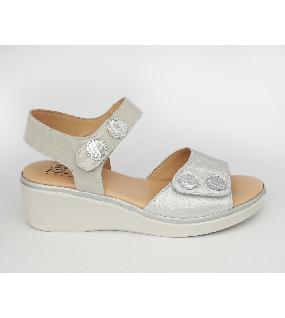 Confort Sandalo Classic Doppio Velcro Vernice Camoscio Argento