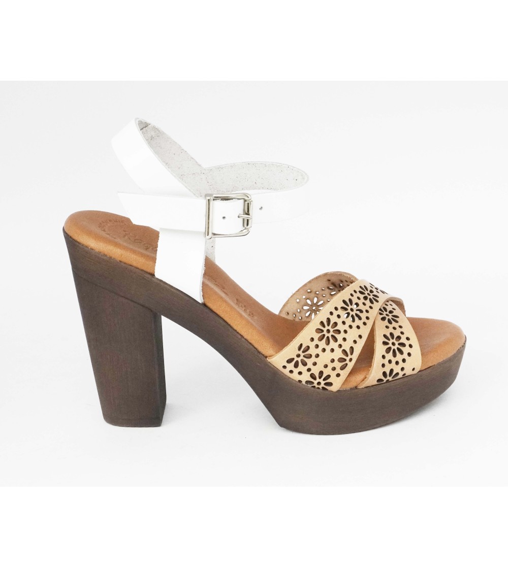 Raquel Perez Sandalo Tacco Plateau Gel Pelle Bianco Beige