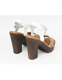 Raquel Perez Sandalo Tacco Plateau Gel Pelle Bianco Beige